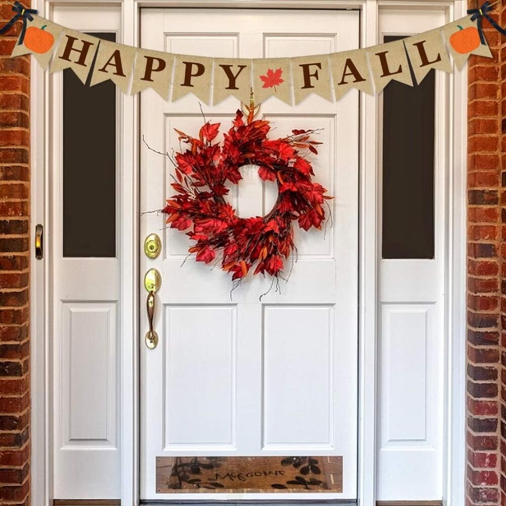 Burlap Banner Happy Fall Sign Pumpkin Flag Rustic Natural Fall Harvest Banner fo - Picture 2 of 7